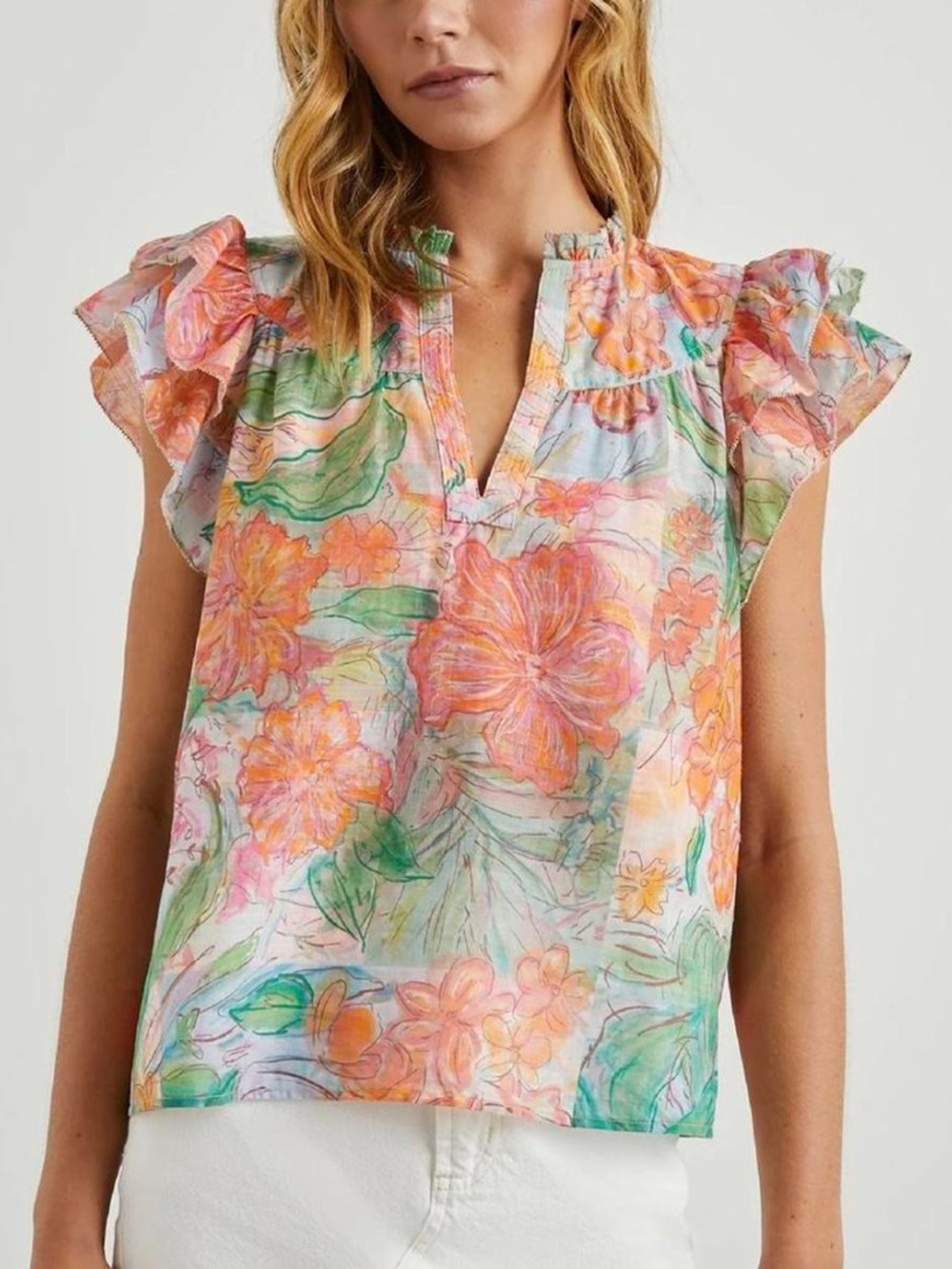 Rails Floral Ruffle Sleeve Top - Peach, Green, Cream